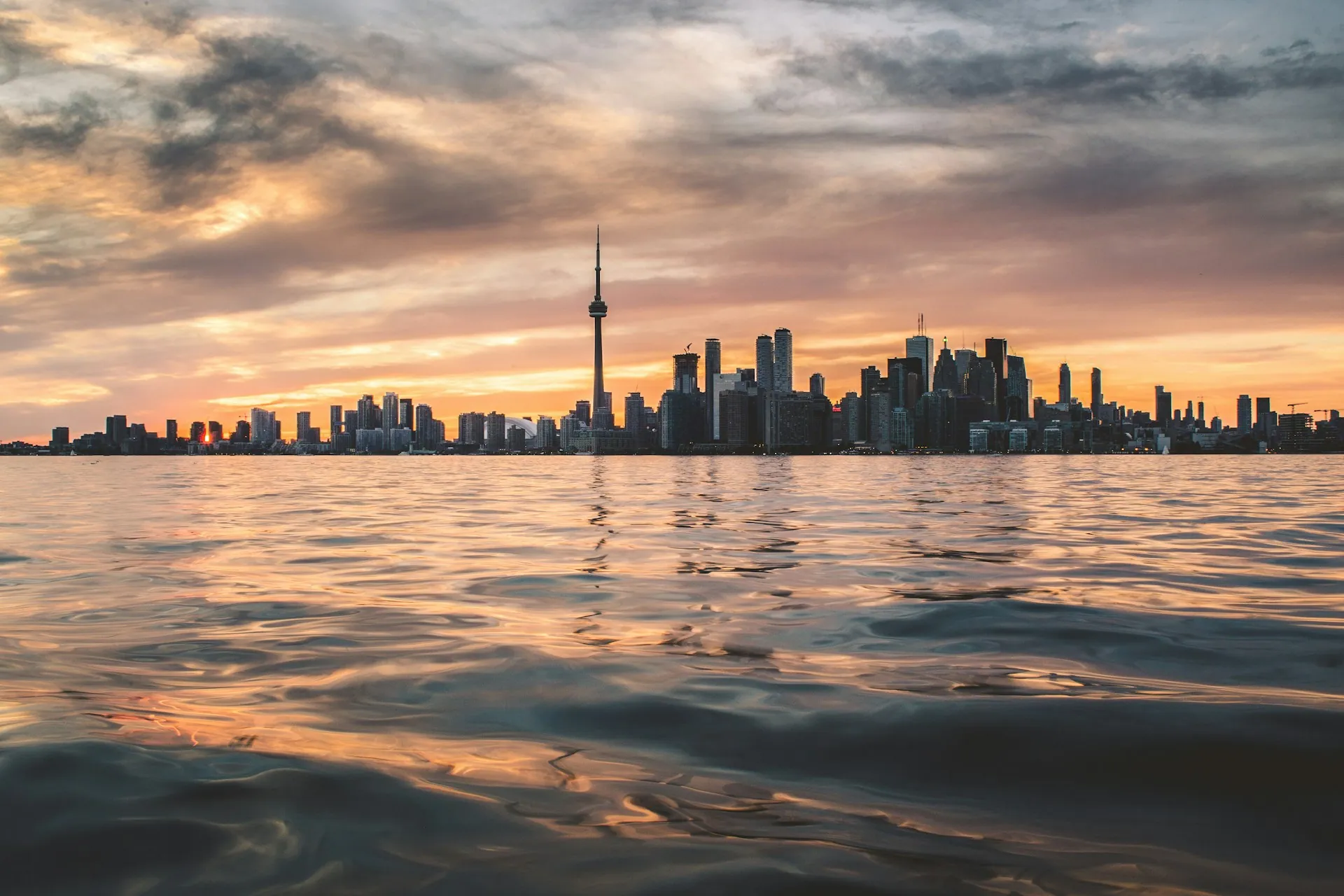 The Toronto skyline at dusk with the CN Tower